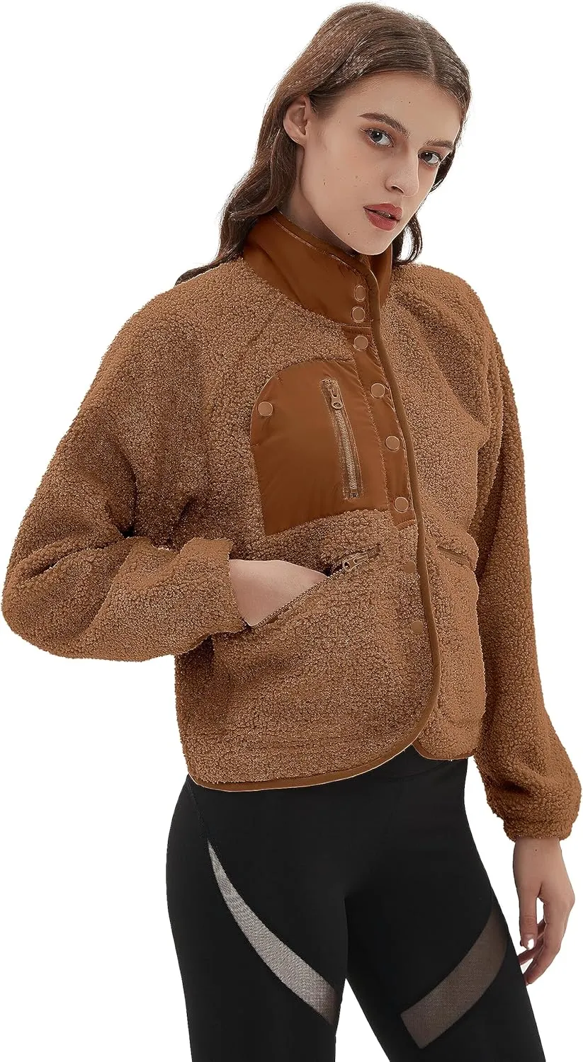 QIBABU Womens Fuzzy Fleece Jacket Long Sleeve Winter Short Coats Warm Button Down Sherpa Fleece Jackets Shacket