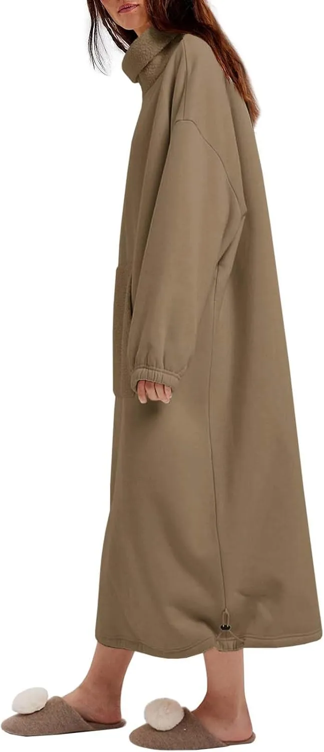ReachMe Womens Oversized Long Fleece Sweatshirt Dresses Thickening Lounge Maxi Dress Plush Turtleneck Pullover Nightgowns
