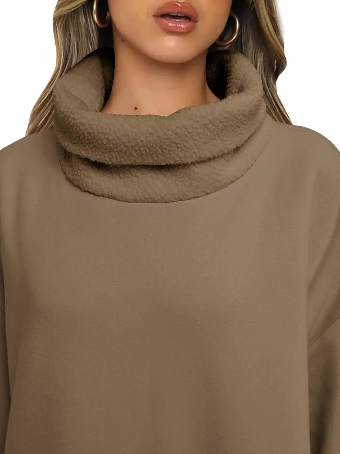 ReachMe Womens Oversized Long Fleece Sweatshirt Dresses Thickening Lounge Maxi Dress Plush Turtleneck Pullover Nightgowns