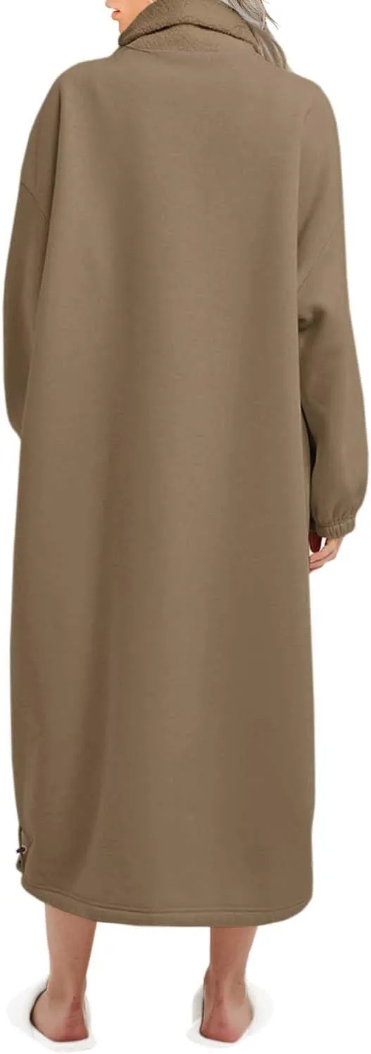 ReachMe Womens Oversized Long Fleece Sweatshirt Dresses Thickening Lounge Maxi Dress Plush Turtleneck Pullover Nightgowns