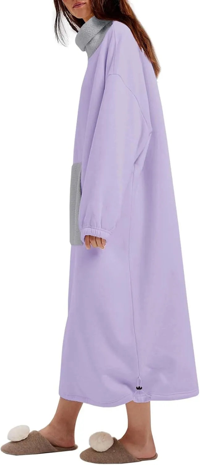 ReachMe Womens Oversized Long Fleece Sweatshirt Dresses Thickening Lounge Maxi Dress Plush Turtleneck Pullover Nightgowns