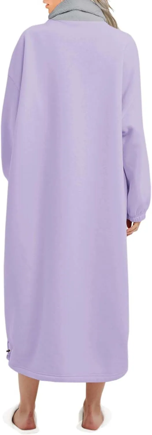ReachMe Womens Oversized Long Fleece Sweatshirt Dresses Thickening Lounge Maxi Dress Plush Turtleneck Pullover Nightgowns