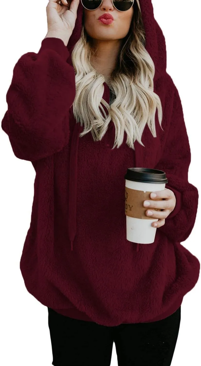 ReachMe Womens Oversized Sherpa Pullover Hoodie with Pockets Fuzzy Fleece Sweatshirt Plaid Fluffy Jacket Coat