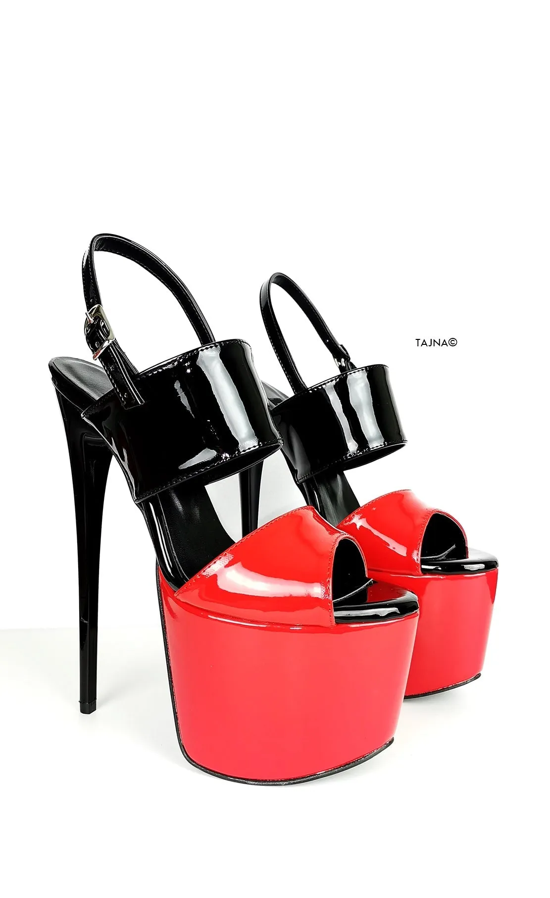 Red Black  Patent Sling Back High Heel Sandals