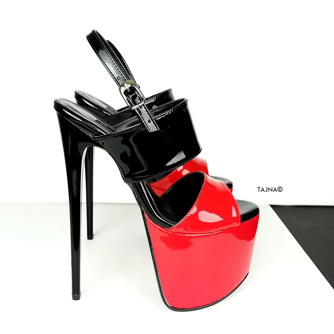 Red Black  Patent Sling Back High Heel Sandals