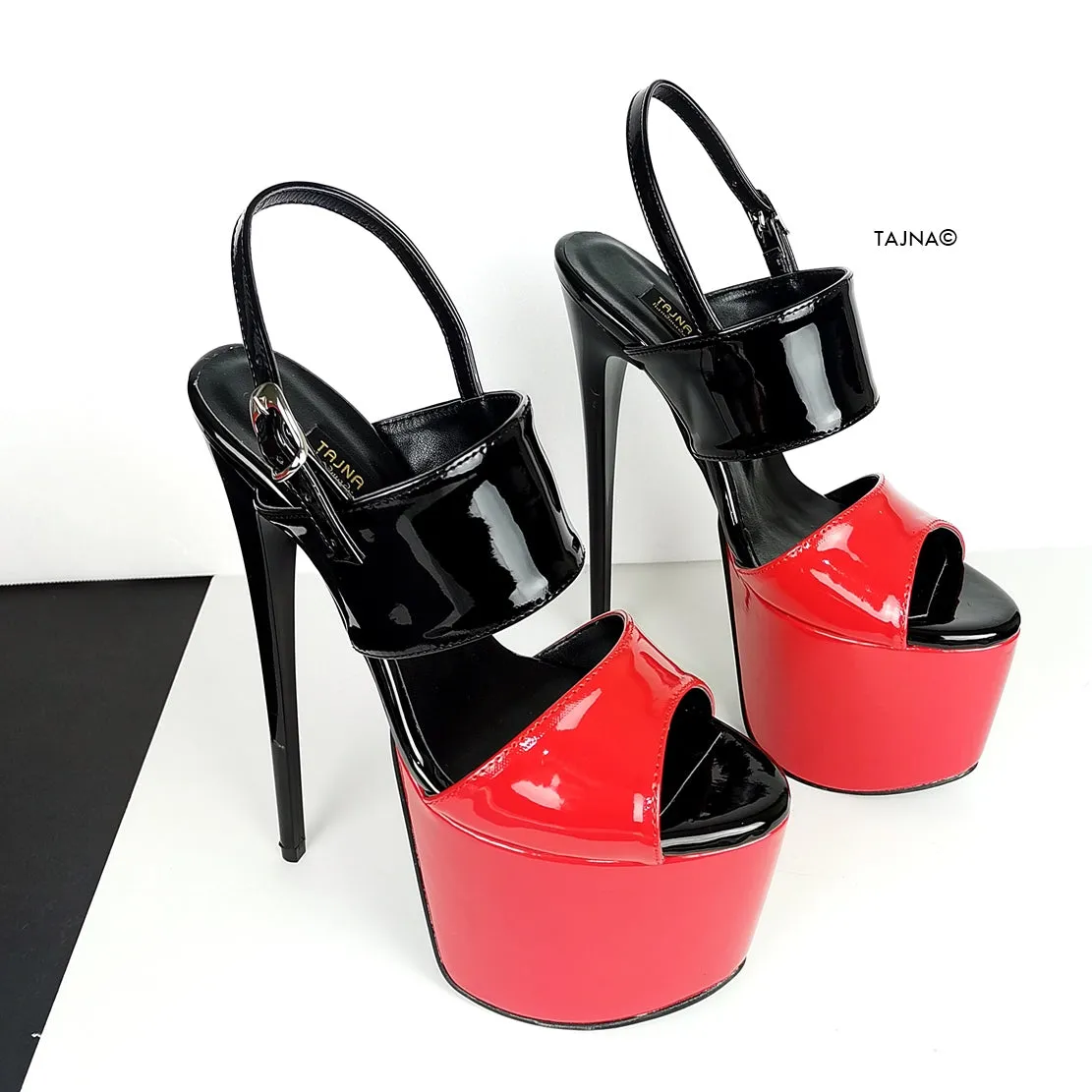 Red Black  Patent Sling Back High Heel Sandals