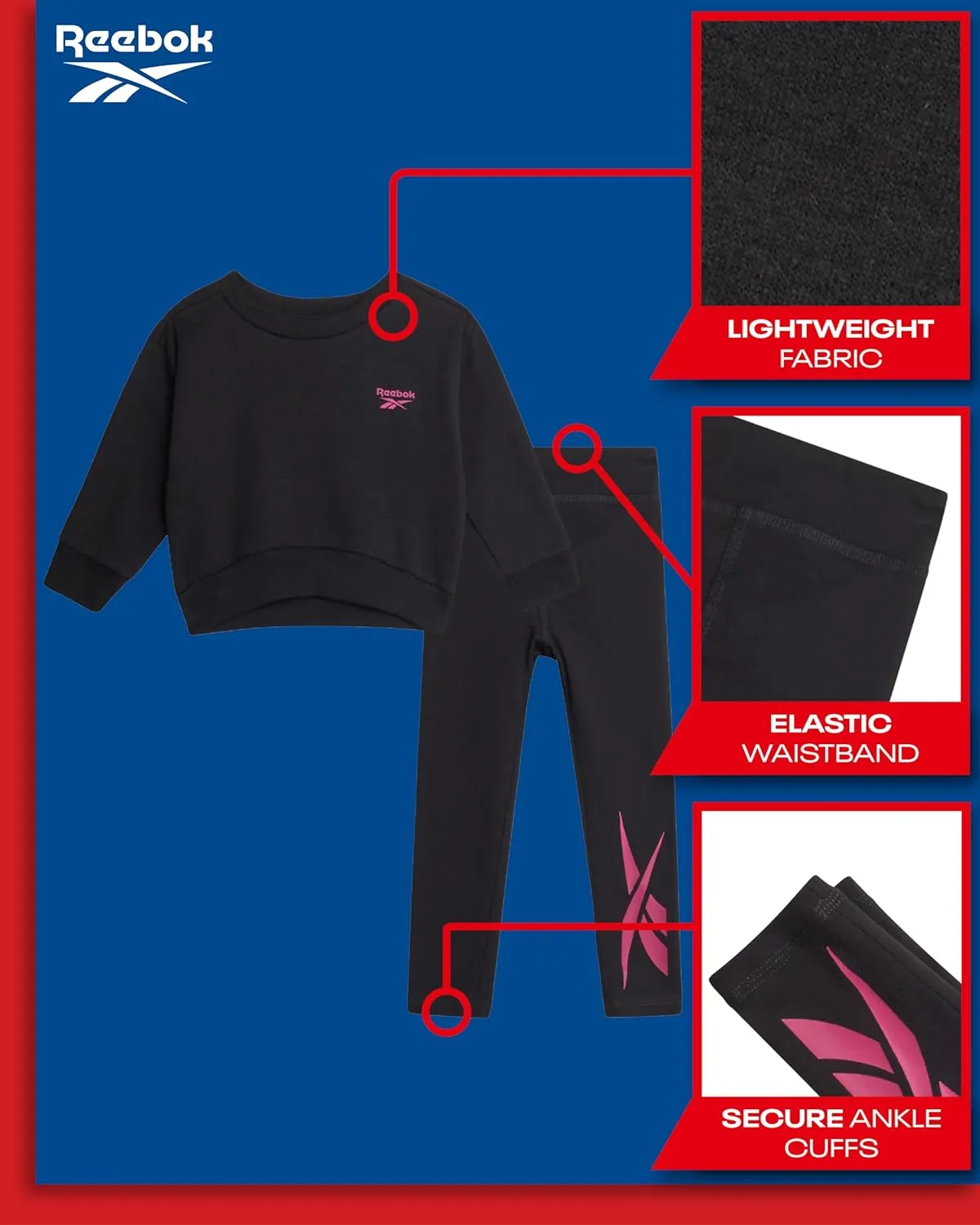 Reebok Toddler Girls' Pants Set - 2 Piece Active Fleece Hoodie Sweatshirt and Leggings for Toddlers and Little Girls (2T-6X)