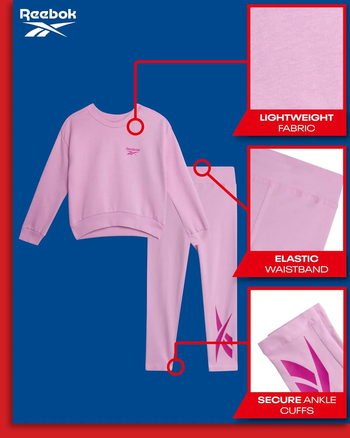 Reebok Toddler Girls' Pants Set - 2 Piece Active Fleece Hoodie Sweatshirt and Leggings for Toddlers and Little Girls (2T-6X)