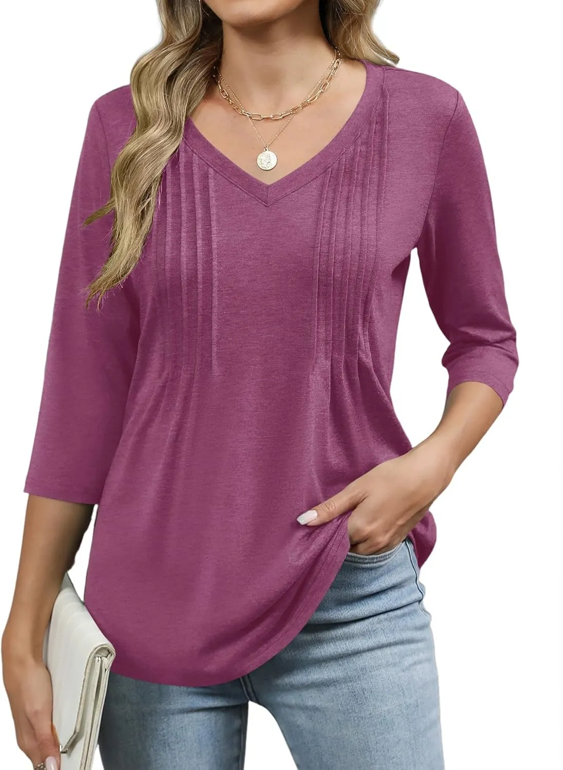 Romanstii Shirts for Women 2025 Summer 3/4 Length Sleeve Womens Tops Dressy Casual Pleated Blouses V Neck Tee Shirts S-3XL