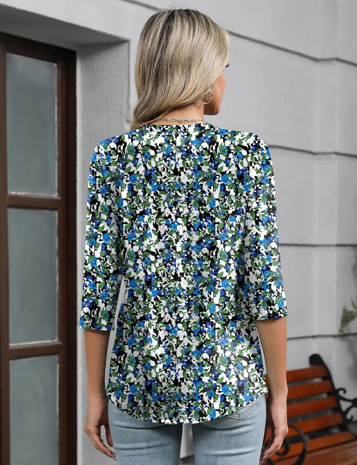Romanstii Shirts for Women 2025 Summer 3/4 Length Sleeve Womens Tops Dressy Casual Pleated Blouses V Neck Tee Shirts S-3XL