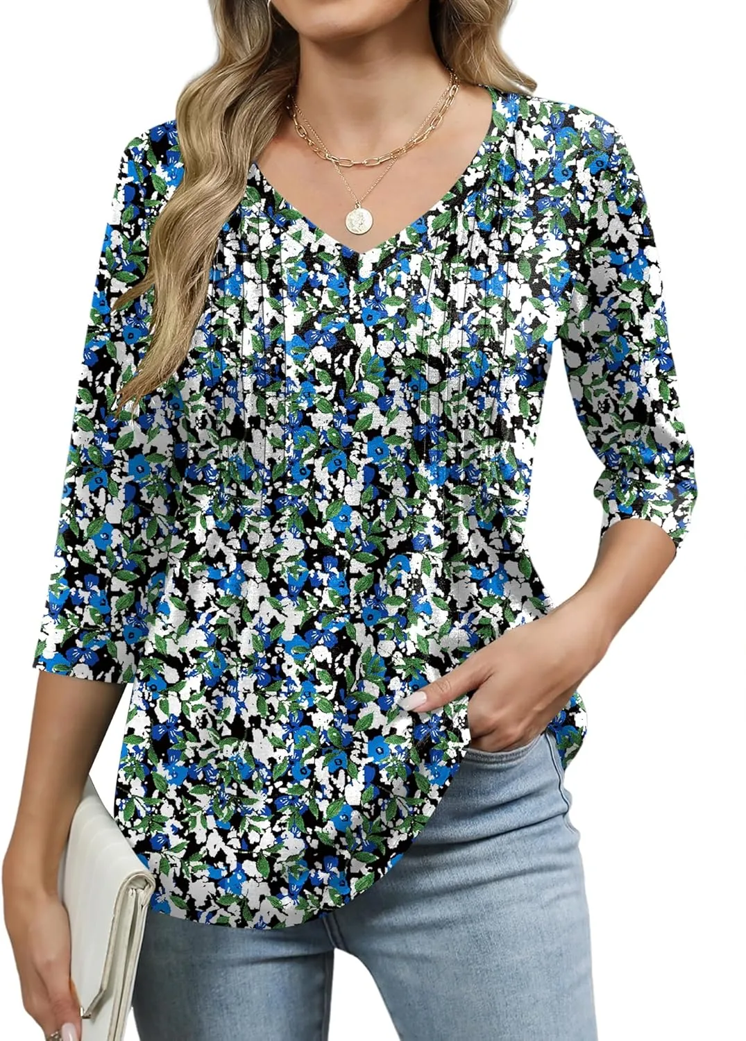 Romanstii Shirts for Women 2025 Summer 3/4 Length Sleeve Womens Tops Dressy Casual Pleated Blouses V Neck Tee Shirts S-3XL