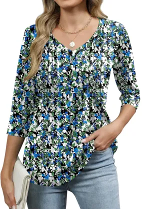 Romanstii Shirts for Women 2025 Summer 3/4 Length Sleeve Womens Tops Dressy Casual Pleated Blouses V Neck Tee Shirts S-3XL