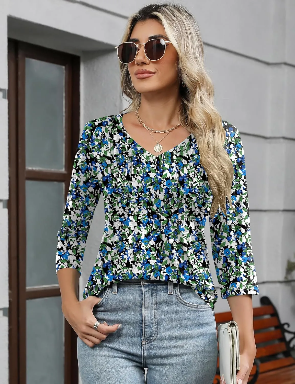 Romanstii Shirts for Women 2025 Summer 3/4 Length Sleeve Womens Tops Dressy Casual Pleated Blouses V Neck Tee Shirts S-3XL