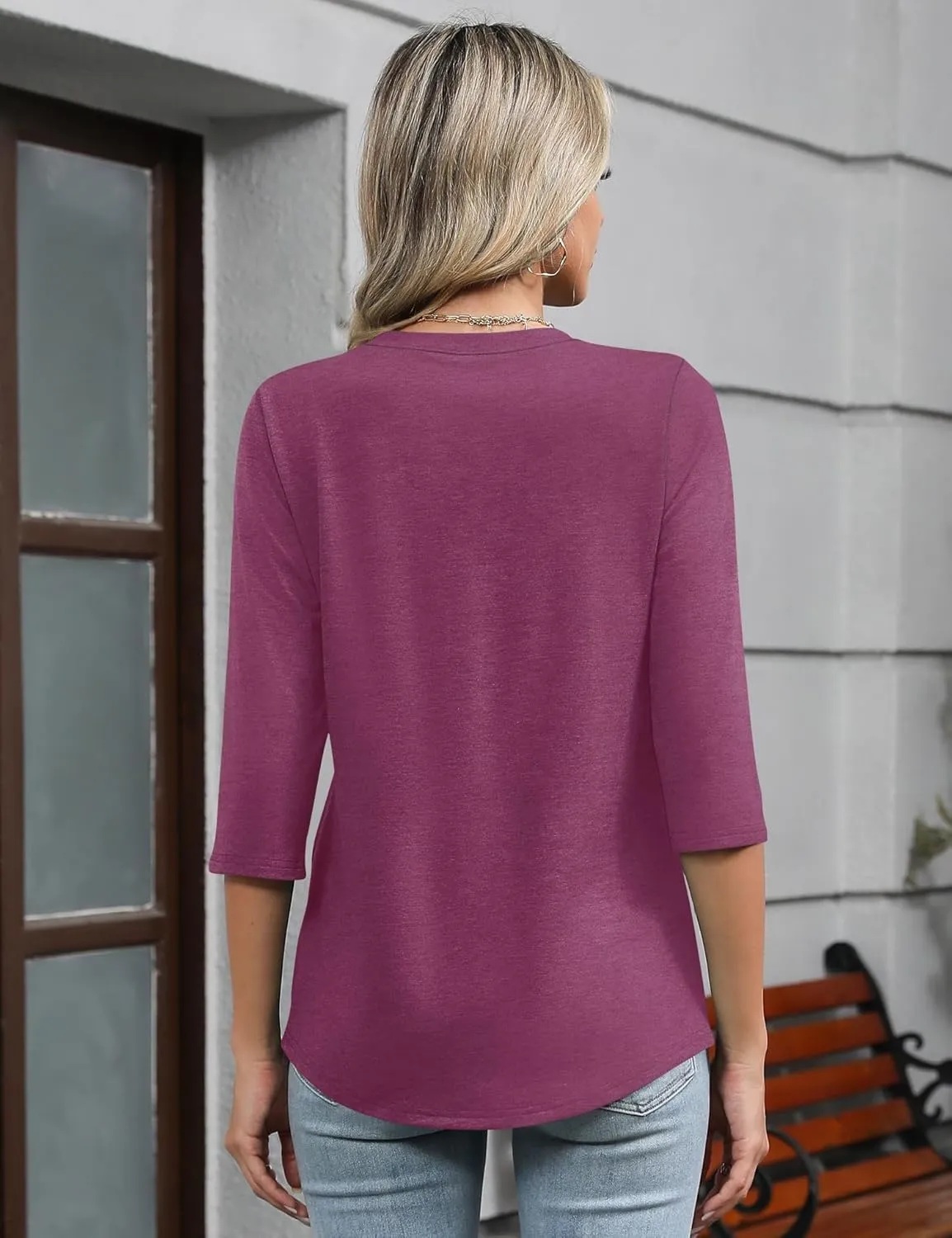 Romanstii Shirts for Women 2025 Summer 3/4 Length Sleeve Womens Tops Dressy Casual Pleated Blouses V Neck Tee Shirts S-3XL