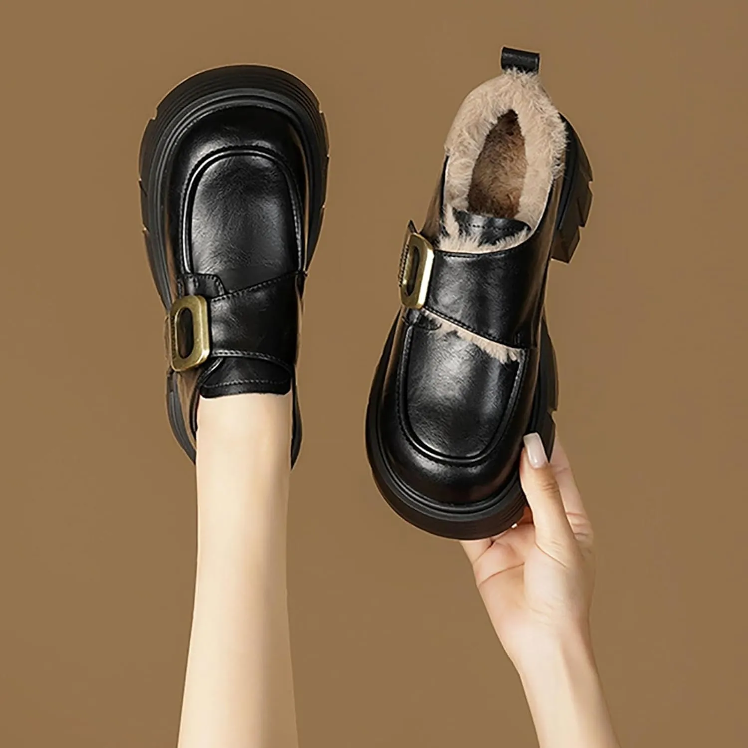 Round Toe Women's College Style Chunky Platform Oxford Shoes， Slip-on Casual Female Sneakers Clogs Platform Oxfords with Fur Metal Chain