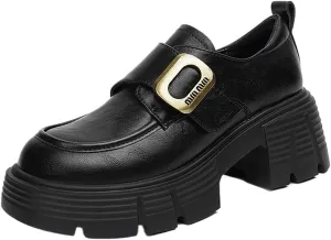 Round Toe Women's College Style Chunky Platform Oxford Shoes， Slip-on Casual Female Sneakers Clogs Platform Oxfords with Fur Metal Chain