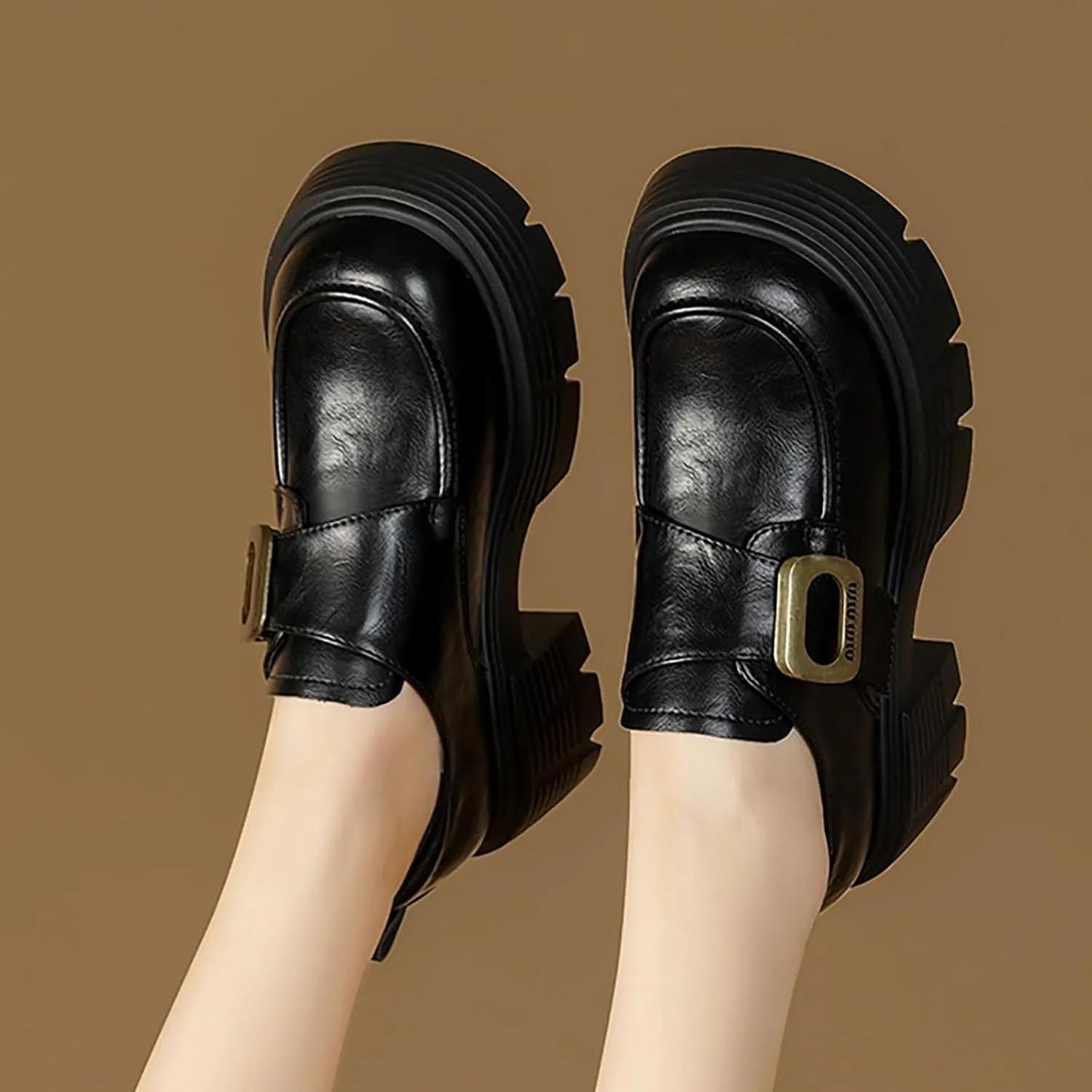 Round Toe Women's College Style Chunky Platform Oxford Shoes， Slip-on Casual Female Sneakers Clogs Platform Oxfords with Fur Metal Chain