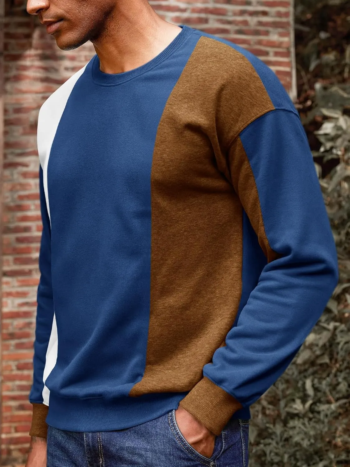 Runcati Mens Color Block Sweatshirt Pullover Crewneck Long Sleeve Fleece Casual Ribbed Patchwork Fall Tops