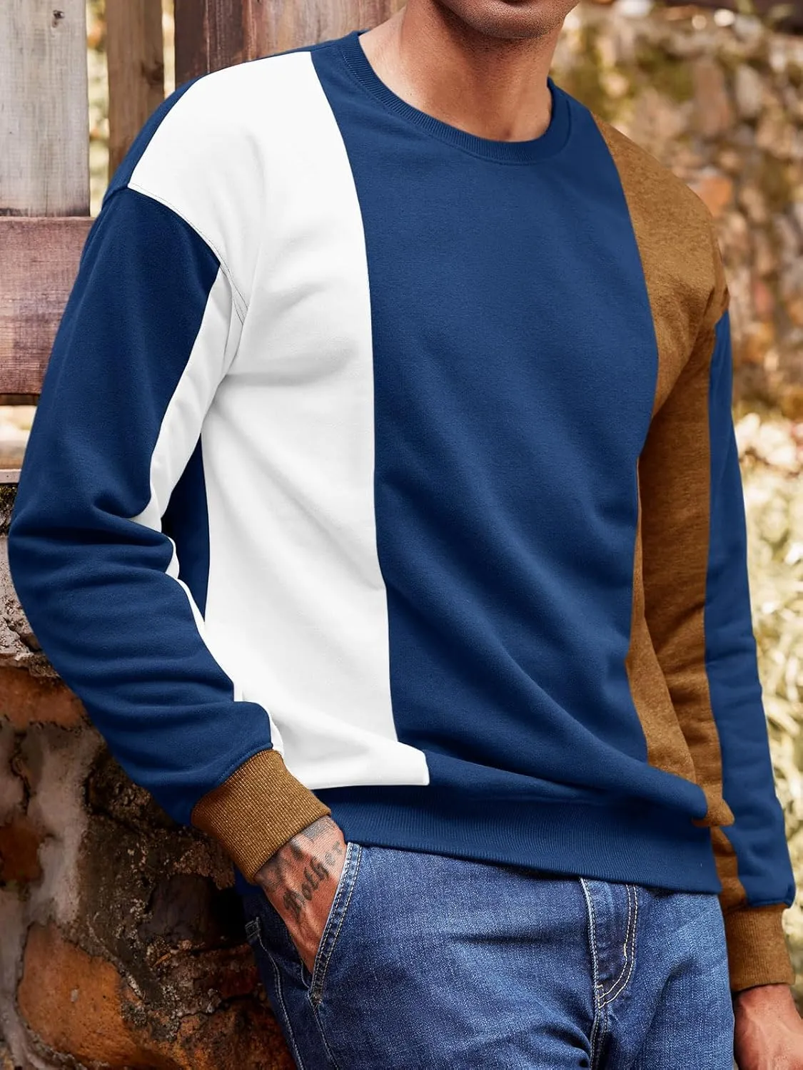 Runcati Mens Color Block Sweatshirt Pullover Crewneck Long Sleeve Fleece Casual Ribbed Patchwork Fall Tops