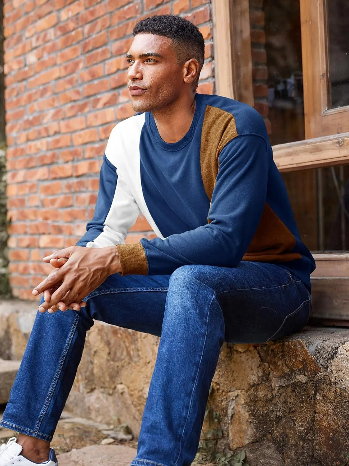 Runcati Mens Color Block Sweatshirt Pullover Crewneck Long Sleeve Fleece Casual Ribbed Patchwork Fall Tops