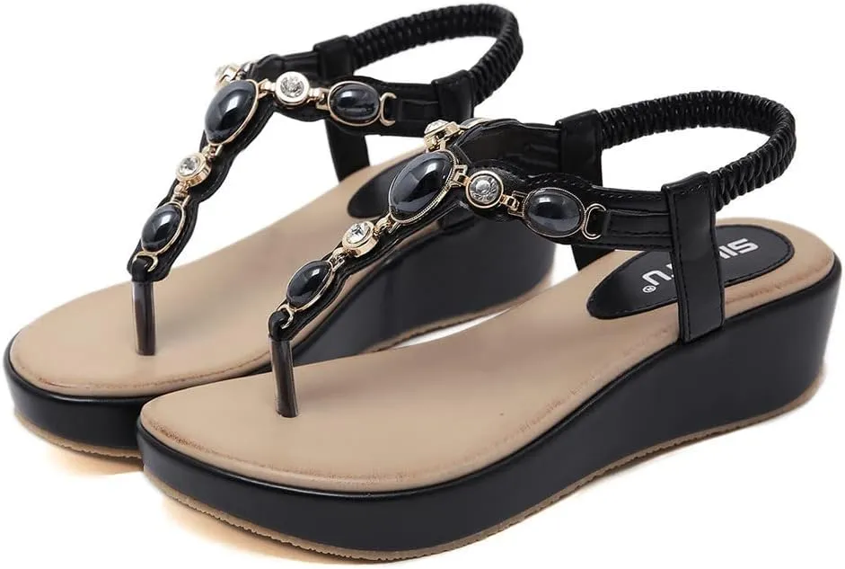 Sandals Women 2023 Summer Fashion Beaded Bohemian Elastic Back Strap Rhinestone Summer Slip on Sandals Comfy Wedge Clip Toe Flip Flops Beach Shoes