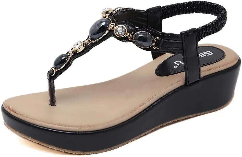 Sandals Women 2023 Summer Fashion Beaded Bohemian Elastic Back Strap Rhinestone Summer Slip on Sandals Comfy Wedge Clip Toe Flip Flops Beach Shoes