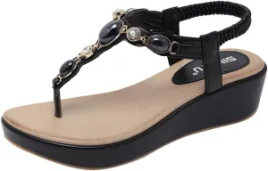 Sandals Women 2023 Summer Fashion Beaded Bohemian Elastic Back Strap Rhinestone Summer Slip on Sandals Comfy Wedge Clip Toe Flip Flops Beach Shoes