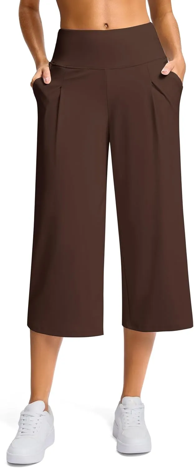 SANTINY Capri Pants for Women Wide Leg Yoga Casual Cropped Pants with Pockets Loose Tummy Control High Waist Capris