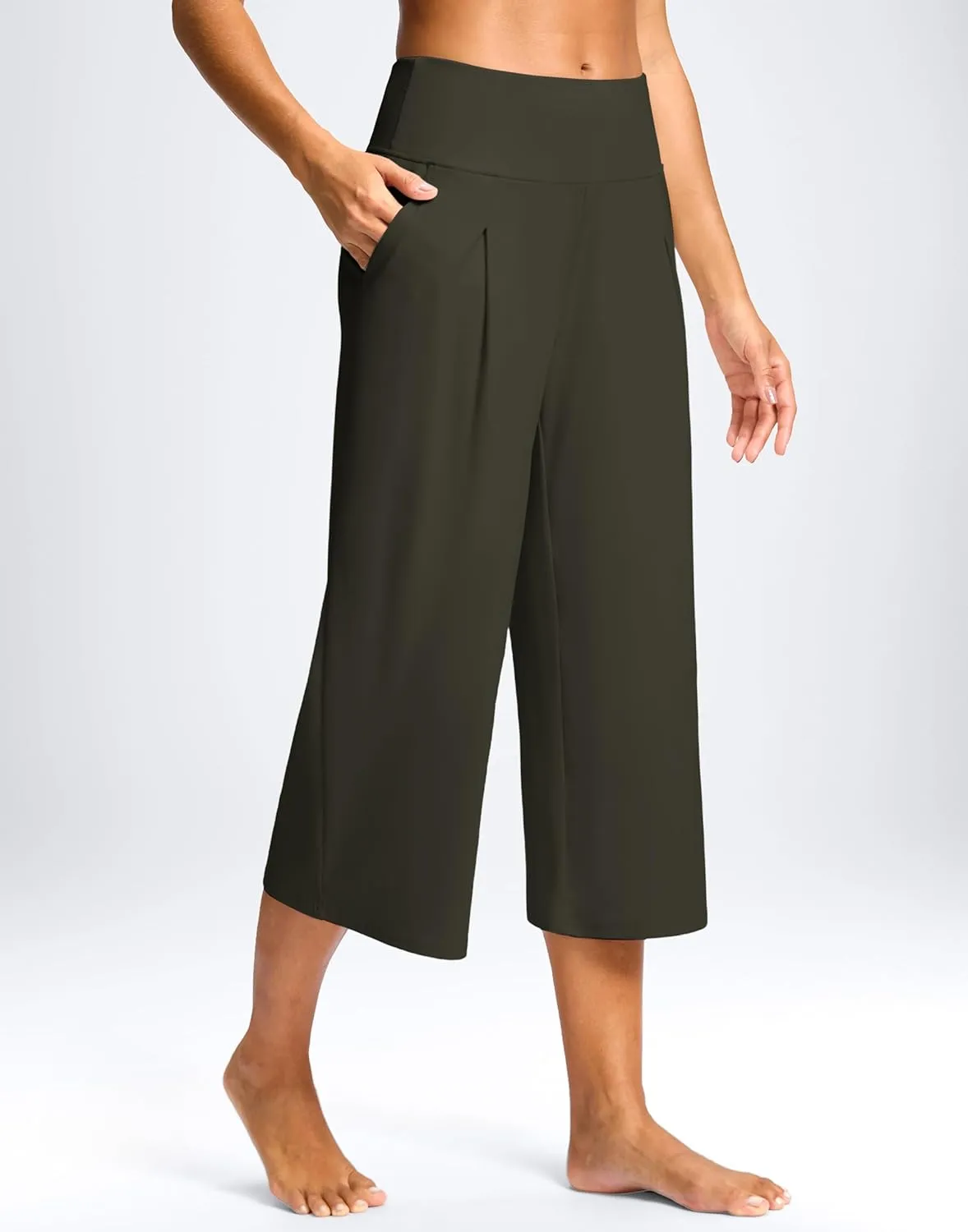 SANTINY Capri Pants for Women Wide Leg Yoga Casual Cropped Pants with Pockets Loose Tummy Control High Waist Capris