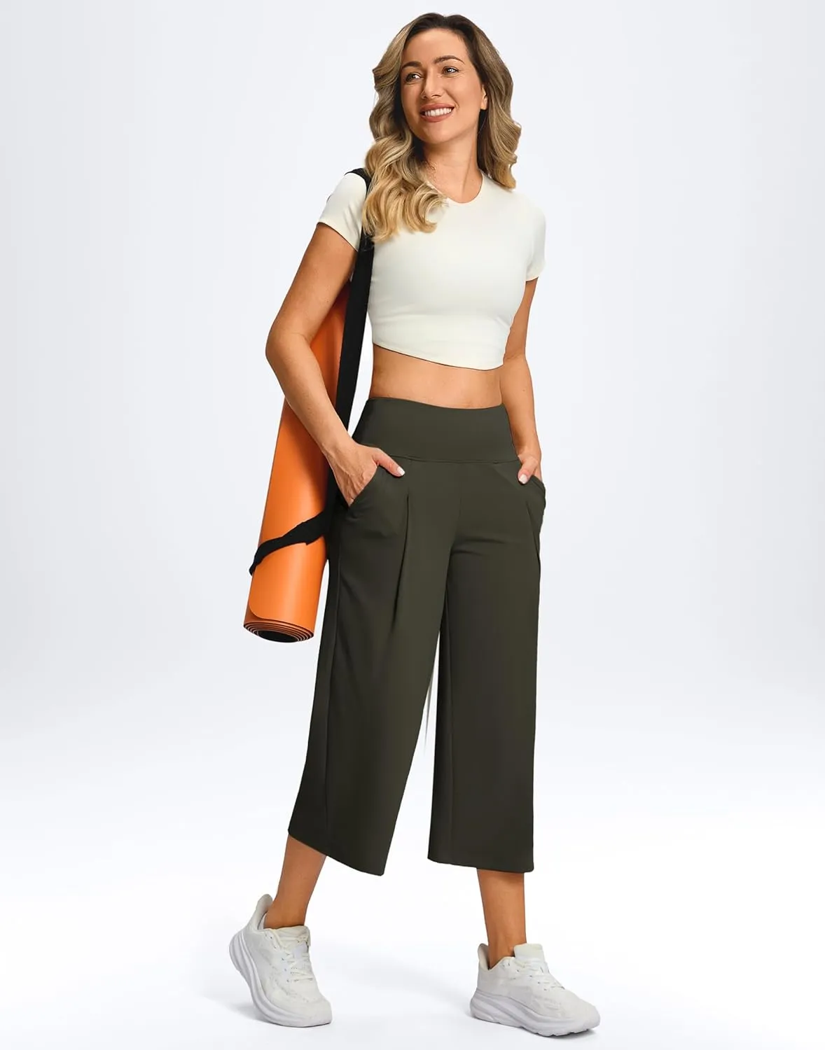 SANTINY Capri Pants for Women Wide Leg Yoga Casual Cropped Pants with Pockets Loose Tummy Control High Waist Capris