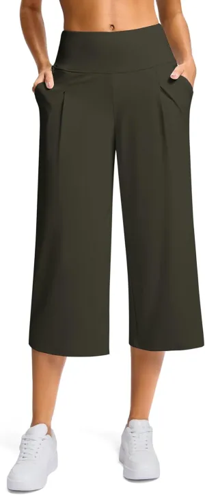 SANTINY Capri Pants for Women Wide Leg Yoga Casual Cropped Pants with Pockets Loose Tummy Control High Waist Capris