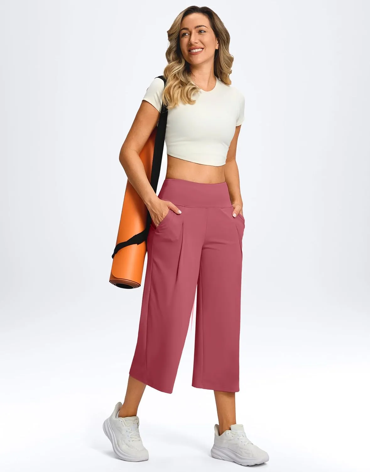 SANTINY Capri Pants for Women Wide Leg Yoga Casual Cropped Pants with Pockets Loose Tummy Control High Waist Capris