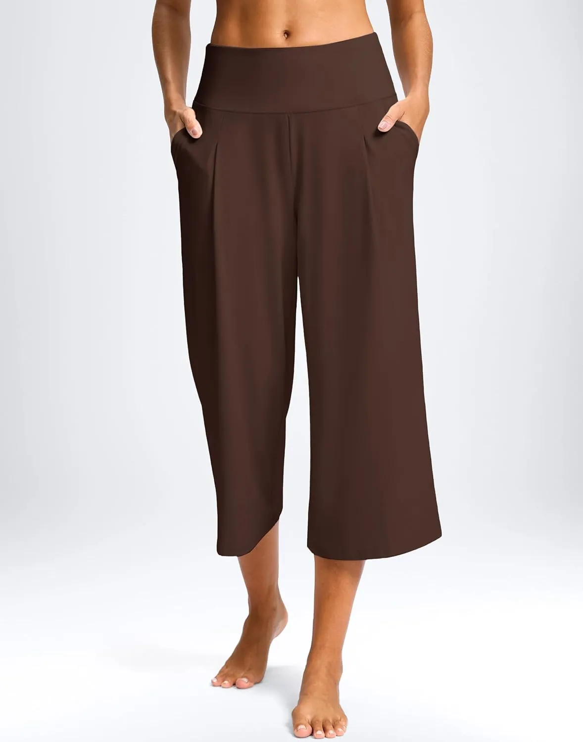 SANTINY Capri Pants for Women Wide Leg Yoga Casual Cropped Pants with Pockets Loose Tummy Control High Waist Capris