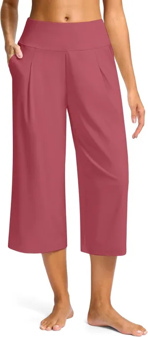 SANTINY Capri Pants for Women Wide Leg Yoga Casual Cropped Pants with Pockets Loose Tummy Control High Waist Capris