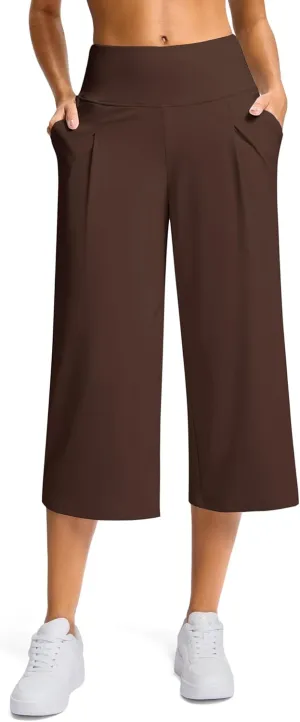 SANTINY Capri Pants for Women Wide Leg Yoga Casual Cropped Pants with Pockets Loose Tummy Control High Waist Capris