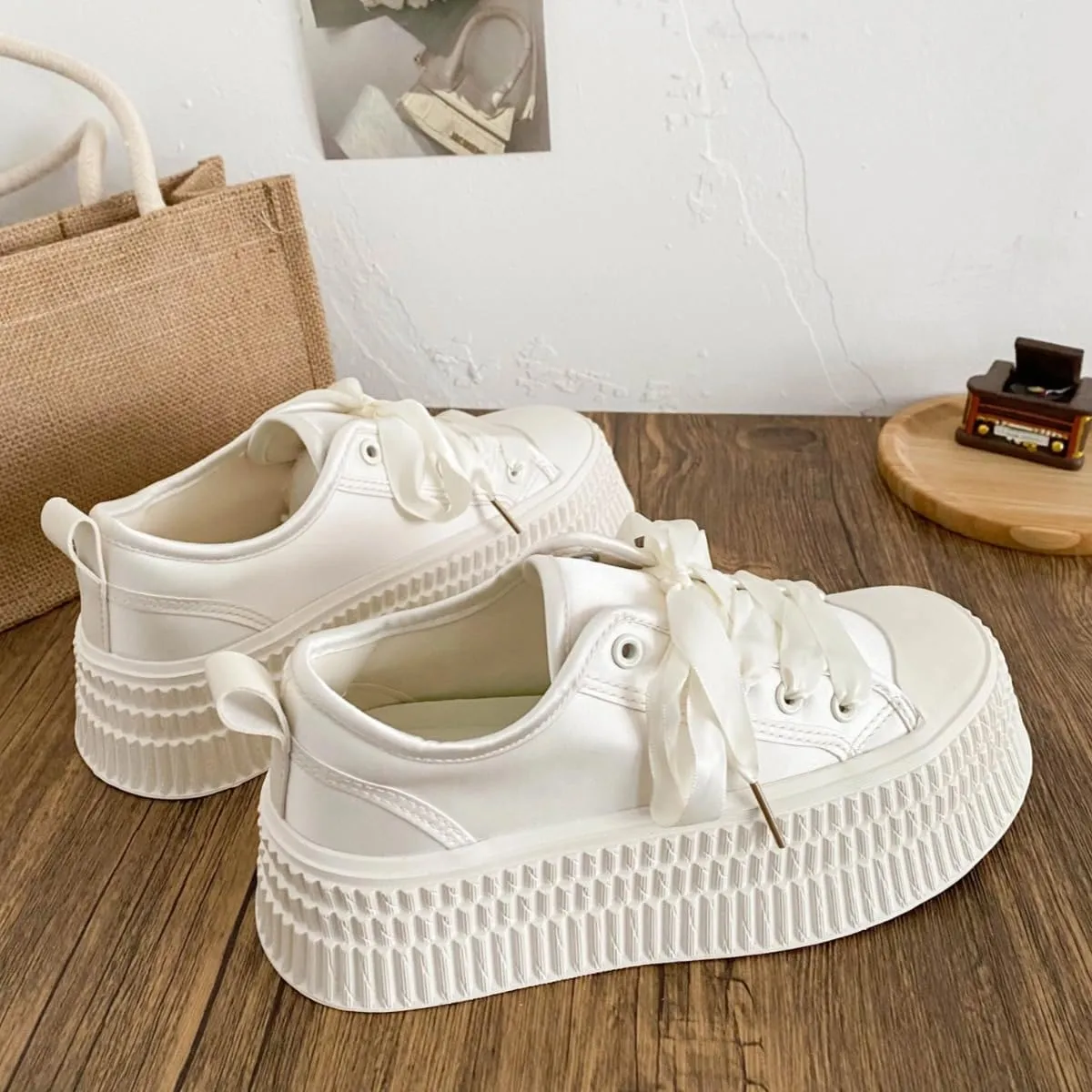 Satin Platform Chunky Sneakers for Women Fashion Elegant Ribbon Lace Up Lightweight Block Shoes