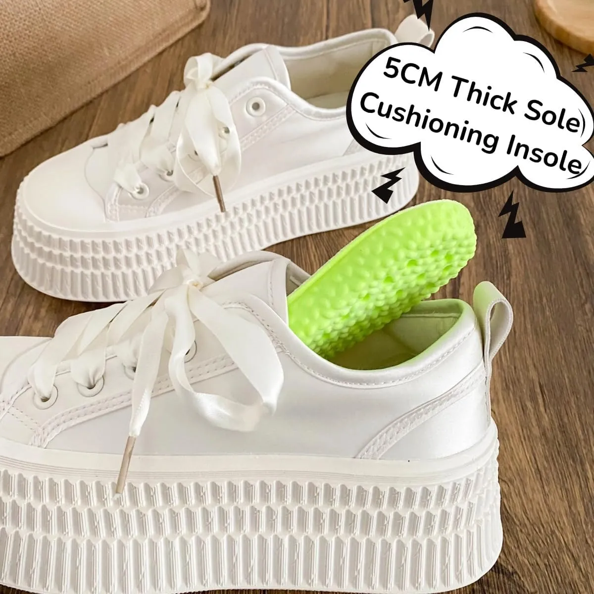 Satin Platform Chunky Sneakers for Women Fashion Elegant Ribbon Lace Up Lightweight Block Shoes