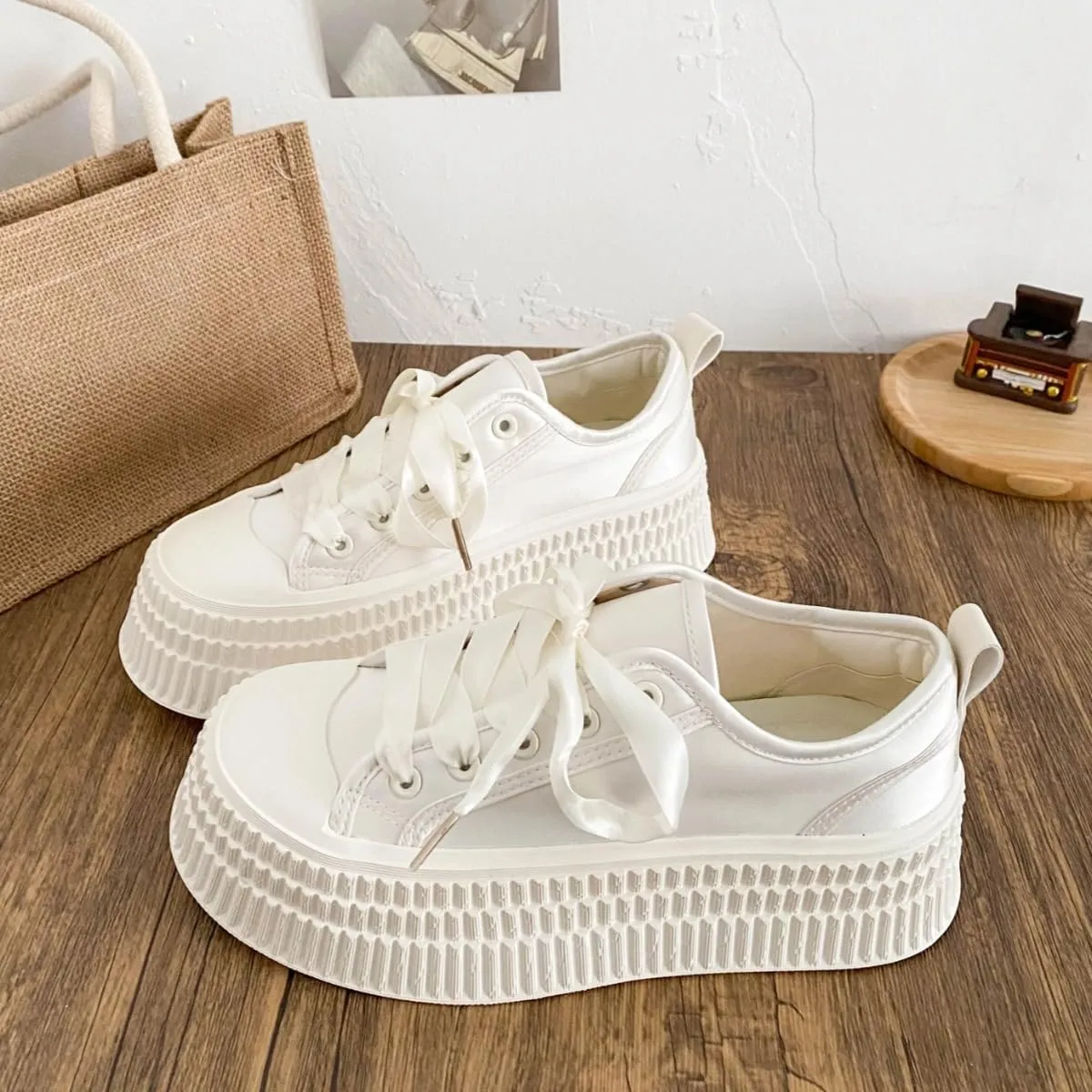 Satin Platform Chunky Sneakers for Women Fashion Elegant Ribbon Lace Up Lightweight Block Shoes