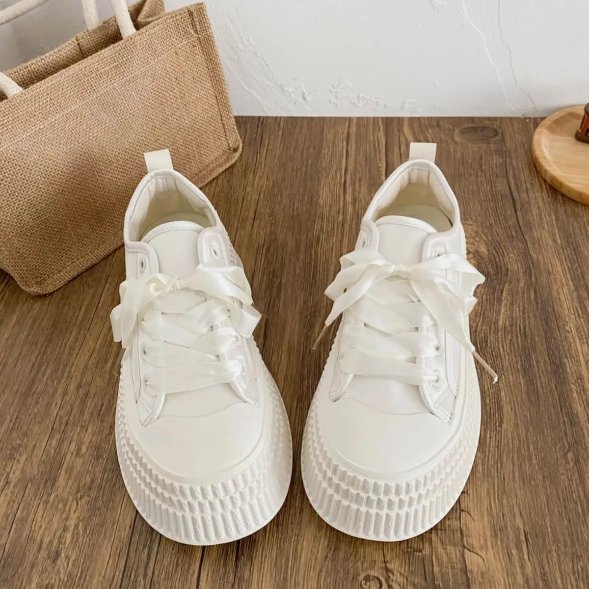 Satin Platform Chunky Sneakers for Women Fashion Elegant Ribbon Lace Up Lightweight Block Shoes