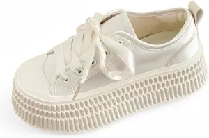 Satin Platform Chunky Sneakers for Women Fashion Elegant Ribbon Lace Up Lightweight Block Shoes