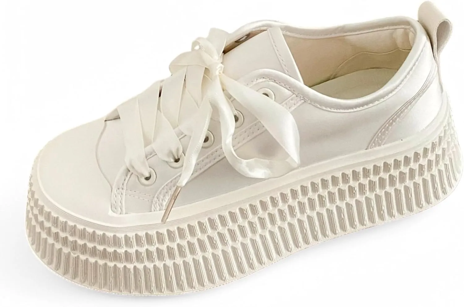 Satin Platform Chunky Sneakers for Women Fashion Elegant Ribbon Lace Up Lightweight Block Shoes