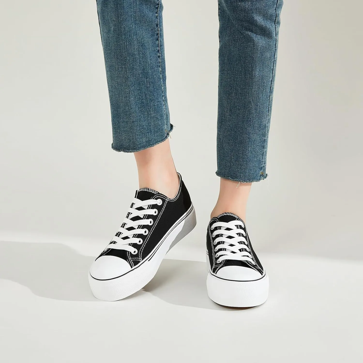 SERNIAL Womens White Platform Sneakers Low Top Platform Shoes Black Canvas Shoes for Women