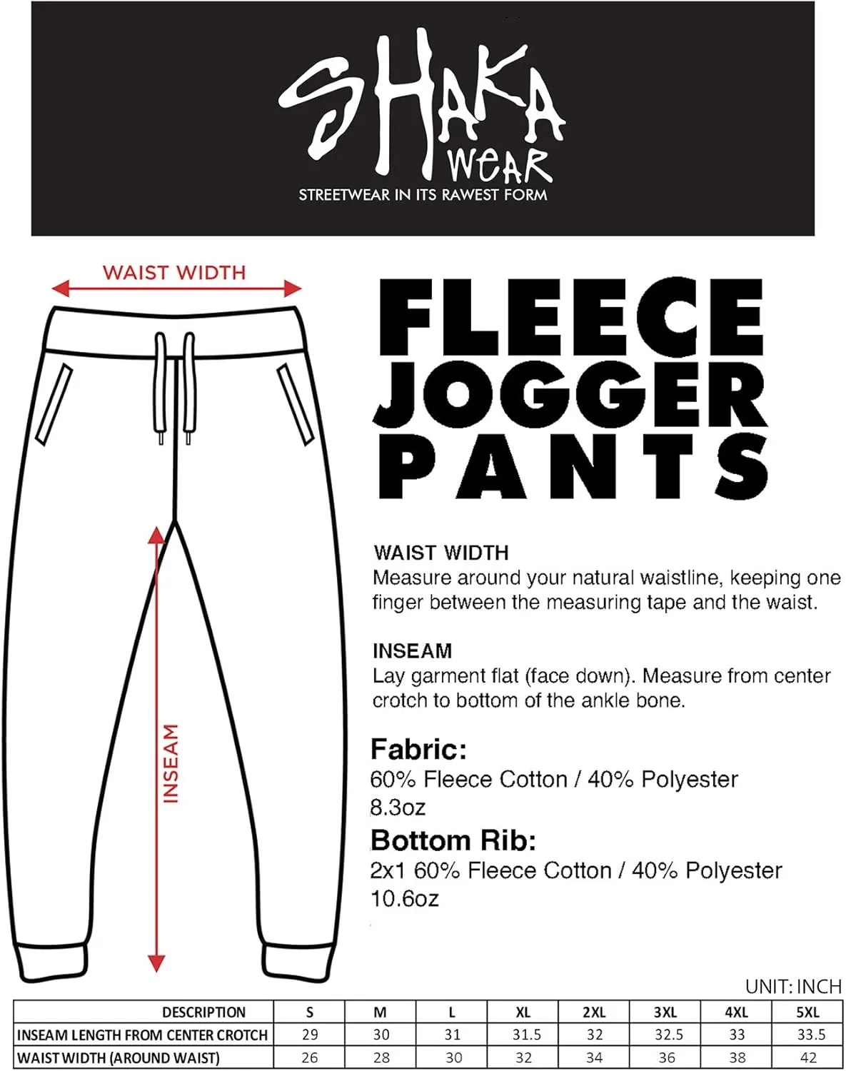 Shaka Wear Men’s Joggers Sweatpants - Medium Heavy Cotton Fleece Slim Fit Full Length Casual Pants Sports Workout S~5XL