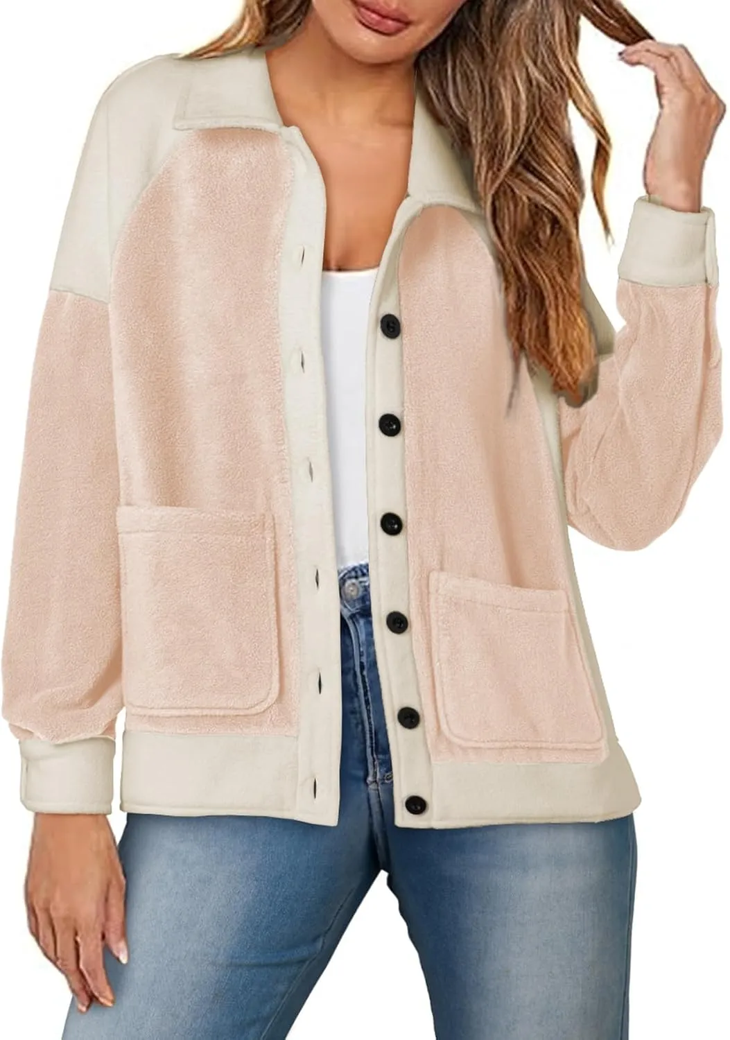 SHEWIN Womens Winter Fuzzy Fleece Jacket Casual Long Sleeve Button Down Sherpa Shacket Coats