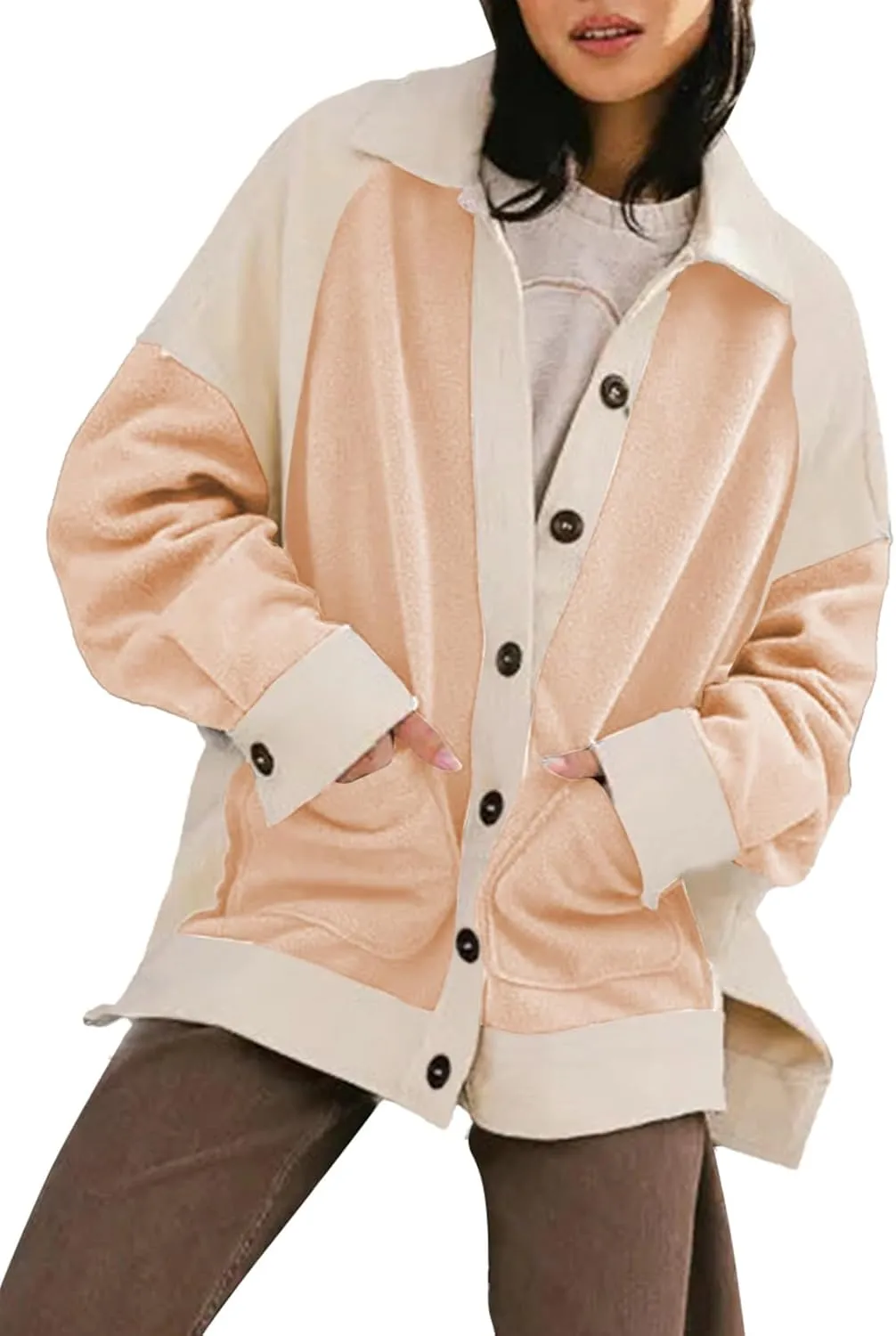 SHEWIN Womens Winter Fuzzy Fleece Jacket Casual Long Sleeve Button Down Sherpa Shacket Coats