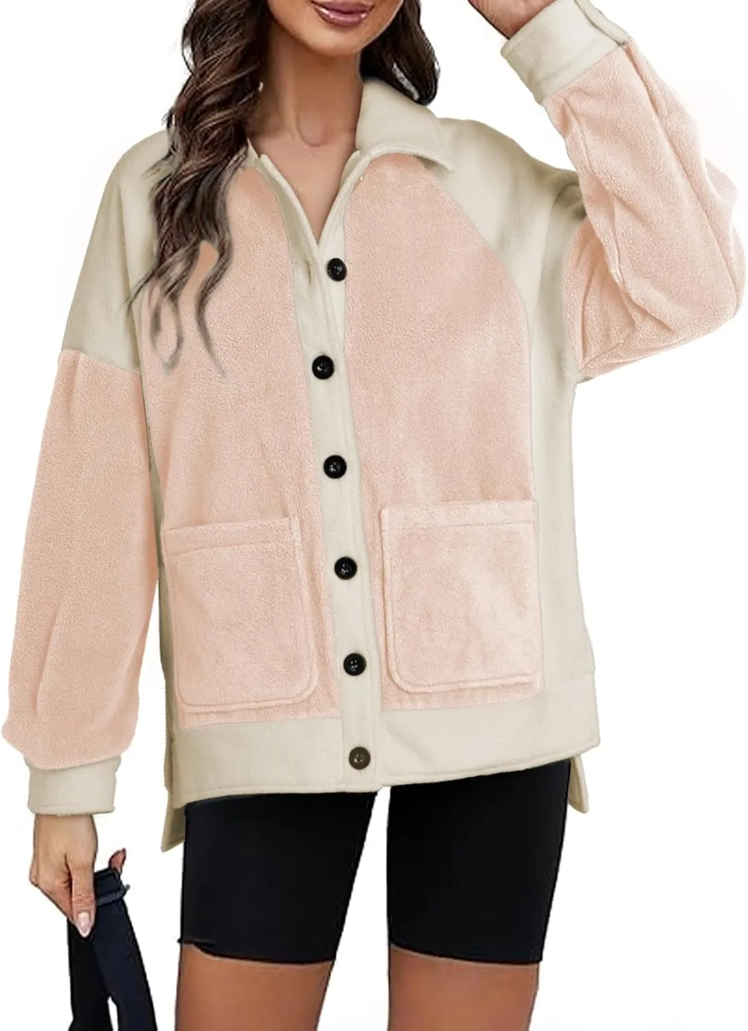 SHEWIN Womens Winter Fuzzy Fleece Jacket Casual Long Sleeve Button Down Sherpa Shacket Coats
