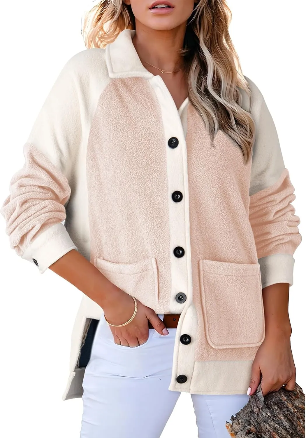 SHEWIN Womens Winter Fuzzy Fleece Jacket Casual Long Sleeve Button Down Sherpa Shacket Coats