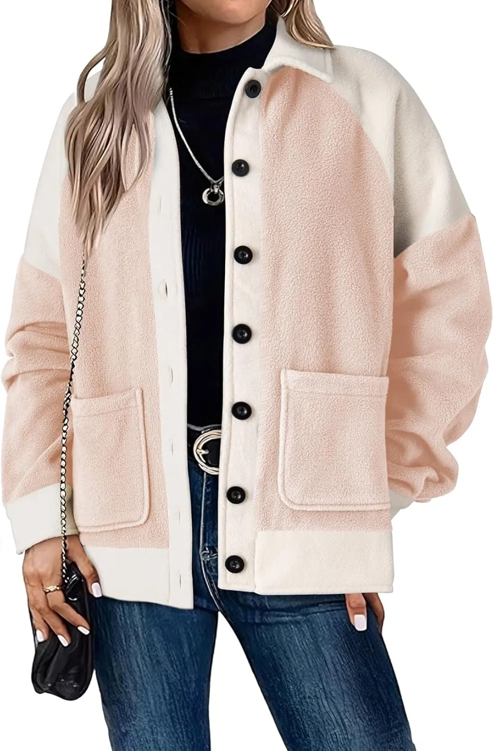 SHEWIN Womens Winter Fuzzy Fleece Jacket Casual Long Sleeve Button Down Sherpa Shacket Coats