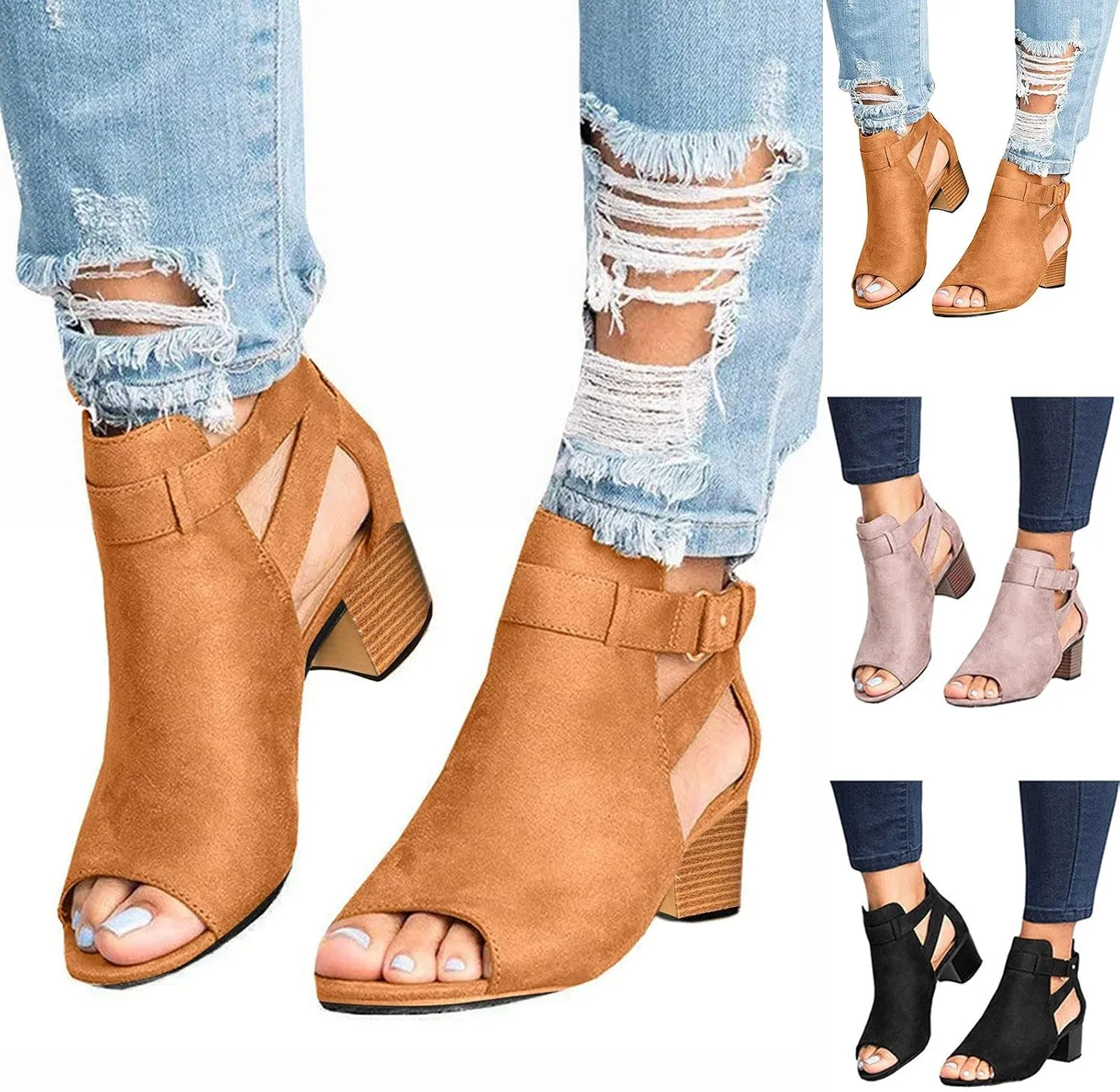 Shoes for Women Dressy, Women's Suede Peep Toe Ankle Booties Cut Out Stacked Block Heel Ankle Boots Drssy