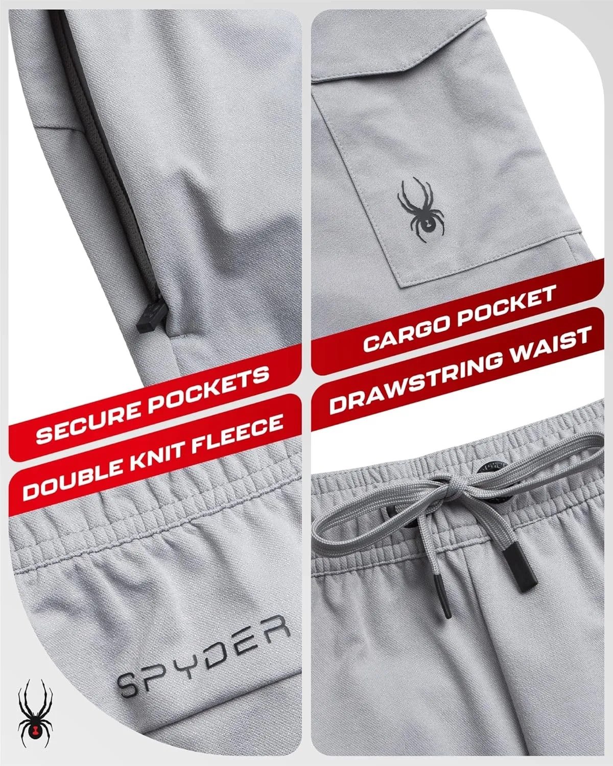 Spyder Mens Cargo Shorts - Stretch Tech Double Knit Fleece Athletic Shorts with Elastic Waistband Drawcord & Pockets (30-36)
